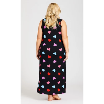 Women's Plus Size Heart Print Maxi Sleep Dress - Black | AVENUE