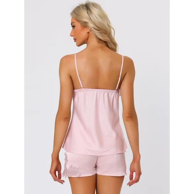 Cheibear Womens Satin Lounge Lace Trim Cami Tops With Shorts Sleepwear Pajamas Sets - Image 2