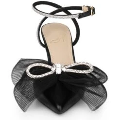 Perphy Rhinestone Mesh Bow Slingback Stiletto Heel Pumps For Women