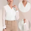 Allegra K Women's Point Collar V Neck Mesh Sleeve Button Down Work Office Shirt