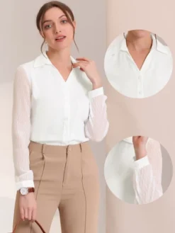 Allegra K Women's Point Collar V Neck Mesh Sleeve Button Down Work Office Shirt