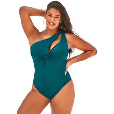 Swimsuits For All Women’s Plus Size Twist One Shoulder Adjustable Strap One Piece Swimsuit - Image 3