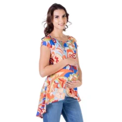 24seven Comfort Apparel Multicolor Floral Maternity High Low Tunic Top