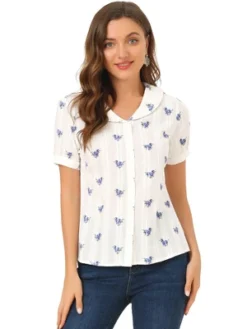 Allegra K Women's 2023 Peter Pan Collar Summer Tops Button Front Elegant Floral Shirt