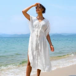 Women's Cover Up Tassel Trim Belted Side Split Midi Length Beachwear-Cupshe