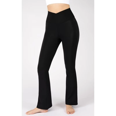90 Degree By Reflex Womens Ribbed Interlink Madison Crossover Elastic Free V-Back Ankle Flared Pant - Image 3