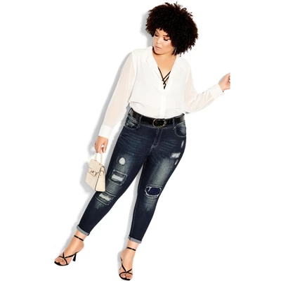 Women's Plus Size Patched Apple Skinny Jean - Mid Denim | CITY CHIC - Image 3
