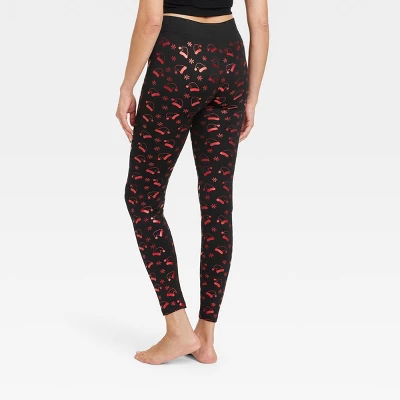 Women's Foil Print Santa Hats Seamless Fleece Lined Leggings - Wondershop⢠Black/Red