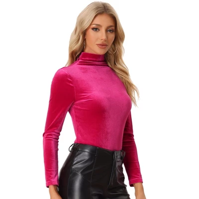 Allegra K Women's Turtleneck Velvet Long Sleeve Work Basic Velour Blouse - Image 10