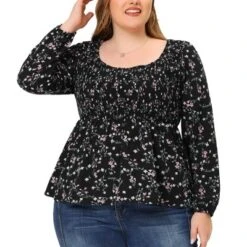 Agnes Orinda Women's Plus Size Blouses Smock Waist Square Neck Floral Peplum Tops