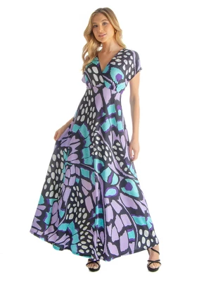 Womens Butterfly Pattern Empire Waisted V-Neckline Cap Sleeves Maxi Dress - Image 5