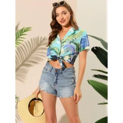 Allegra K Women's Hawaiian Floral Leaves Printed Short Sleeve Button Down Vintage Beach Shirt
