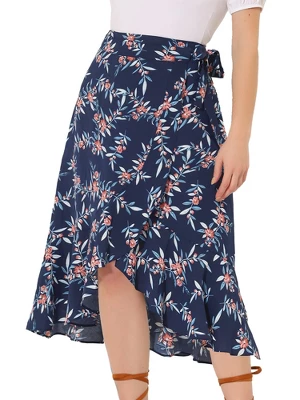 Allegra K Women's Floral Asymmetrical Ruffle Tie Waist Midi Wrap Skirts - Image 9
