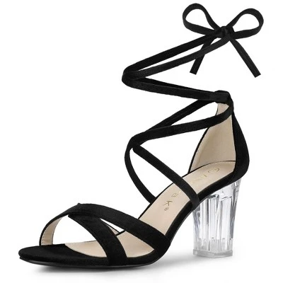 Allegra K Women's Velvet Lace Up Clear Heels Block Heel Sandals - Image 9