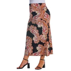 Womens Plus Size Black Paisley Print Foldover Maxi Skirt